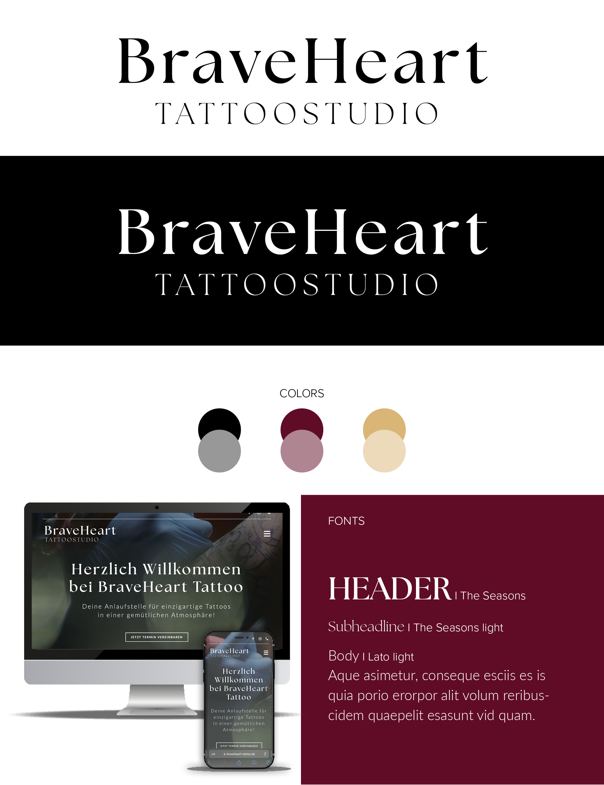 Bark&Bloom deine vegane Werbeagentur Portfolio BraveHeart Tattoo Studio, Branding, Grafikdesign, Geschäftsausstattung, Business Stationary, Logo, Webseite, Website