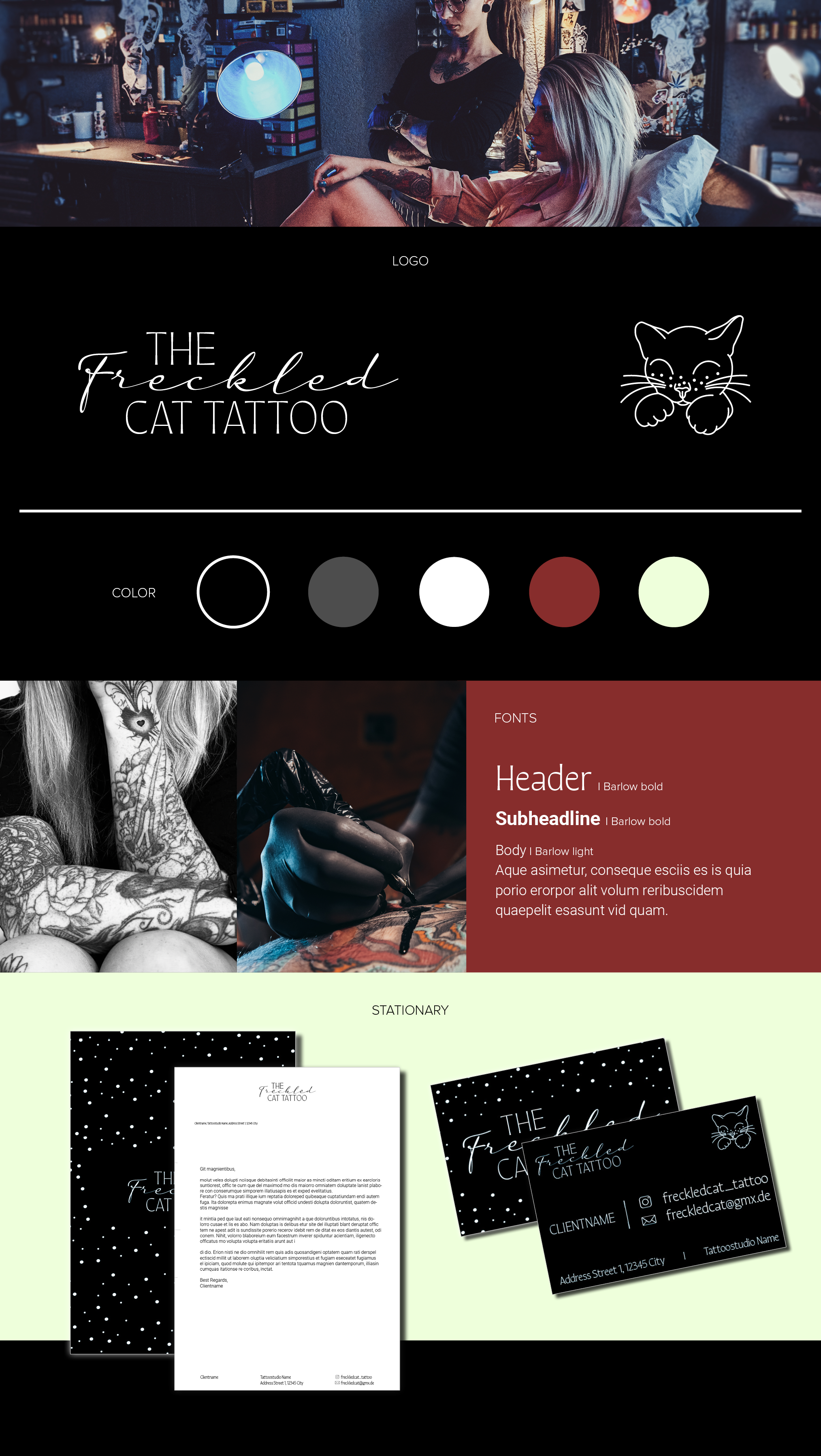 Bark&Bloom deine vegane Werbeagentur Portfolio Freckled Cat Tattoo, Branding, Grafikdesign, Geschäftsausstattung, Business Stationary, Logo, Illustration